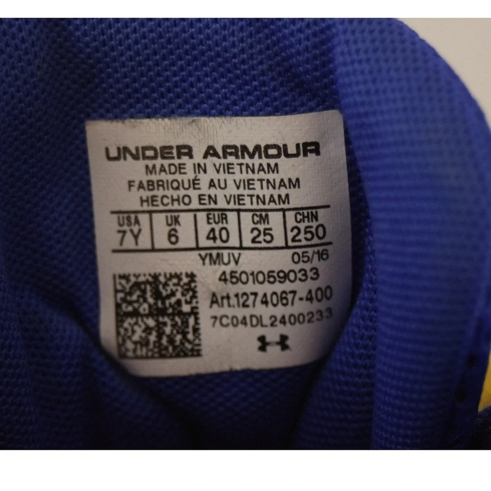 Under Armour 7Y Youth Basketball Shoes Blue Yellow High Top Sportswear Sneakers - Picture 11 of 13